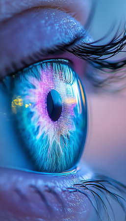Futuristic Vision A Dazzling Macro Shot of an Eye Aglow with Luminous, Colorful Reflections.の素材
