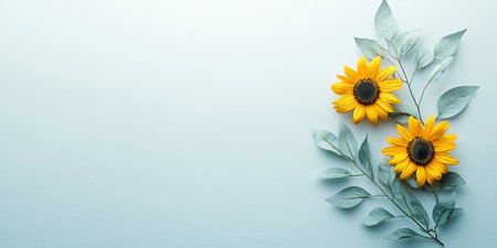 Minimalistic Floral Background, Two Yellow Sunflowers And Eucalyptus Leaves On A Pastel Blueの素材