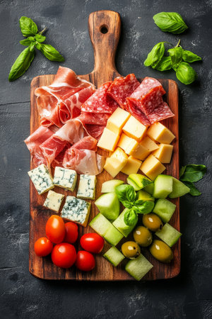 Gourmet Meat and Cheese Platter, Antipasti Snack With Prosciutto, Parmesan, Blue Cheese, and Melonの素材