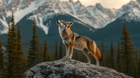 Lone Coyote Howling at Twilight, Rocky Mountain Wilderness Scene, Majestic Wildlife Portraitの素材