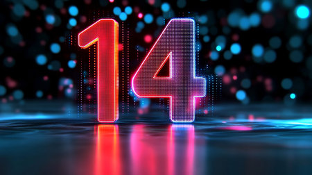 Glowing Digital 3D Number 14 in Futuristic Style on Abstract Background, Valentine s Day Conceptの素材