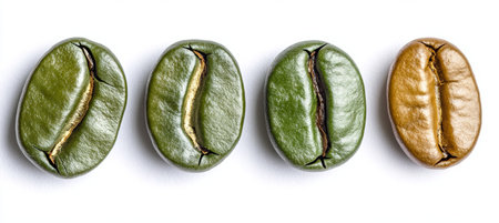 Four Coffee Beans Two Green, One Roasted, and One Half-Roasted, Isolated on White Backgroundの素材