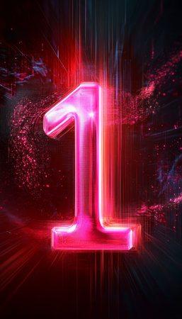 Glowing Neon Pink 3D Number One on a Vibrant Futuristic Cityscape Background, Digital Art.の素材