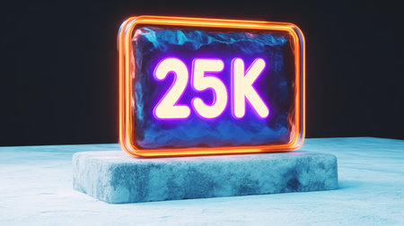 Neon 25K Sign on Stone Pedestal, Celebrating Social Media Milestone, Digital Marketing Concept.の素材
