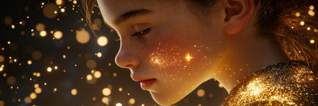 Young Girl With Freckles And Golden Glitter On Her Face, Glowing In The Dark Background.の素材