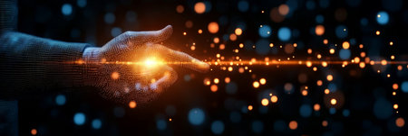 A grid hand with glowing tips in a dark particle background representing technological innovation.の素材