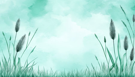 Pastel Teal Watercolor Background, Elegant Grass Silhouettes, Delicate Leaves, Airy Feelの素材