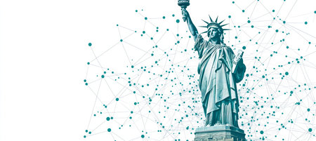 Statue Of Liberty Merging With Abstract Network, Symbolizing Freedom In The Digital Ageの素材