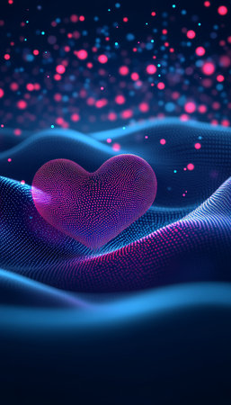 Abstract Glowing Heart on Digital Landscape, Futuristic Valentine s Day, Love in Metaverse Conceptの素材