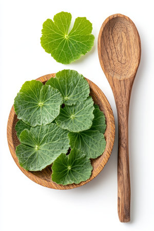 Fresh Gotu Kola Leaves, Isolated on White Background with Wooden Spoon. Healthy Food Concept.の素材