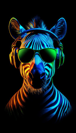 Neon Party Animal Portrait Zebra DJ with Headphones and Sunglasses on Black Backgroundの素材