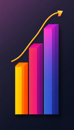 Financial Graph with Blue Vertical Bar Diagram, Line Chart, and Upward Arrow on Dark Backgroundの素材