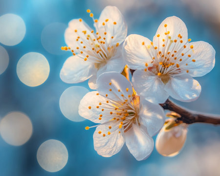 Springtime Floral Beauty Delicate White Blossoms on Tree Branch, Dreamy Bokeh Backgroundの素材