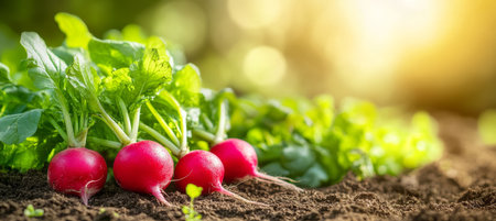 Fresh Radishes Growing in Garden Soil, Close Up View. Healthy Food, Organic Gardening Conceptの素材