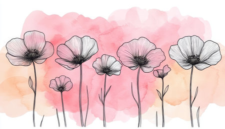 Line Art Wildflowers, Floral Illustration, Minimalist Poppy Flowers Drawing on Watercolor Backgroundの素材