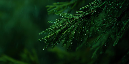 Close Up of Lush Green Coniferous Tree Branch with Raindrops on Needles During Rainfallの素材