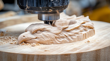 CNC Router Carving Wooden Eagle Sculpture, Detail, Soft Light, Crisp Lines, Smooth Finishの素材