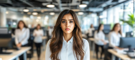 Stressed Businesswoman In Busy Office Challenges Of Corporate Life And Workplace Pressure Conceptの素材