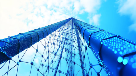Upward perspective soccer goal net against a bright blue summer sky with puffy white clouds.の素材