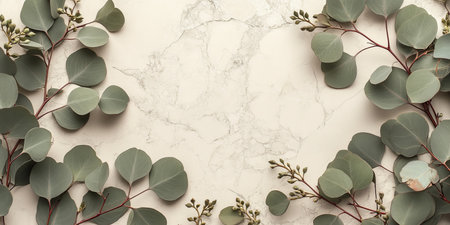 Eucalyptus Branches Frame on Pastel Gray Background,. Flat Lay Floral Photography with Copy Space..の素材
