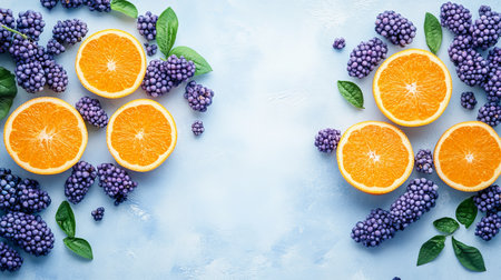 Assortment of fresh sliced oranges and blueberries with green leaves on blue textured backgroundの素材