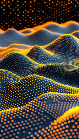 Abstract background, orange waves of particles flowing, technology or futuristic style wallpaper.の素材