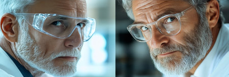 Close-Up, Portrait Of Two Senior Male Scientists With A Serious Expression Wearing Safety Glassesの素材