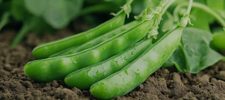 Close Up of Vibrant Green Pea Pods Growing on Vine, Freshly Harvested From Rich Garden Soilの素材