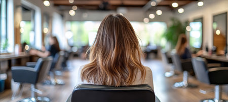 Woman with Long Brown Hair at the Hair Salon Serene Atmosphere in a Blurred Backgroundの素材