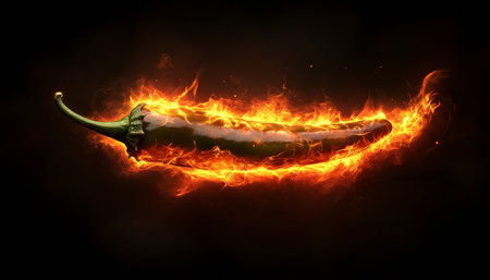 Fiery Jalapeo A Single Green Chili Pepper Engulfed in Blazing Flames on Black Backgroundの素材