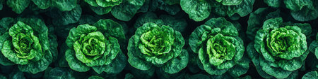 Vibrant Green Lettuce Heads, Top View, Organic Farming Texture, Fresh Produce Backgroundの素材