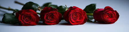 Four Luxurious Red Roses Arranged on White Background, Valentines Day Gift or Romantic Gestureの素材
