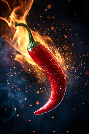 Red Hot Chili Pepper Ablaze Sizzling in Flames, Vibrant Colors, High-Speed Photographyの素材