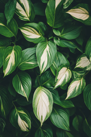 Close Up, Top View Of Lush Green And White Hosta Plant Leaves, Providing Ample Copy Spaceの素材