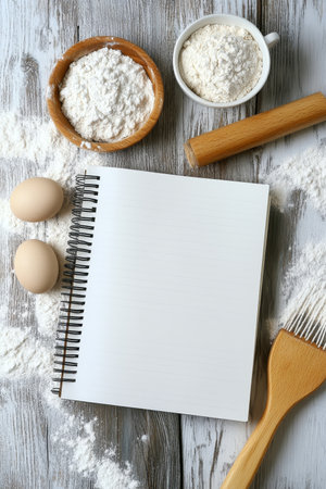 Open Recipe Notebook with Baking Ingredients Flat Lay Composition, 8.5 x 11 inch format.の素材