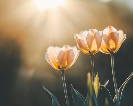 Trio of Elegant Pink Tulips, Bathed in Golden Sunlight, with a Shallow Depth of Fieldの素材