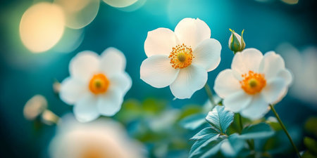 White Dog Rose Flowers With Orange Centers, Green Leaves, Small Buds, On Blue Sky, Shallow DOFの素材