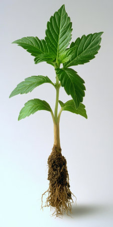 Delicate Cannabis Plant Sprout With Roots Isolated On White Background. Marijuana Growing Conceptの素材