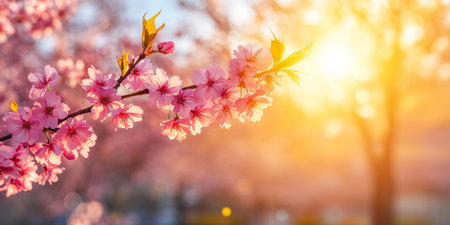 Blooming Cherry Blossoms on Branch Spring Floral Background with Sun Lens Flare and Bokehの素材