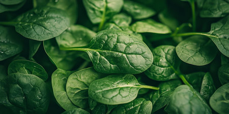 Fresh, Vibrant Green Spinach Leaves in Close-Up Detail A Symbol of Organic Food and Healthy Eatingの素材