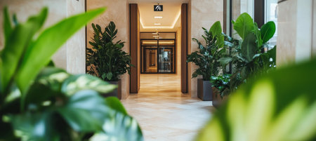 Modern Luxury Clinic Entrance Bright Hallway with Tropical Plant, Natural Wellness Inspirationの素材