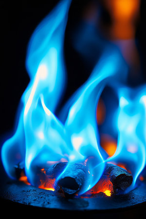 Vibrant Blue Flames Dance in the Darkness, Providing Dramatic Illumination and Generating Warmthの素材