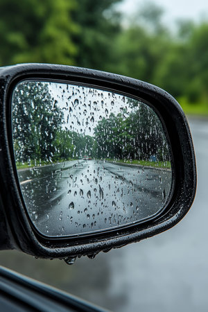 Reflection of a Rainy Road in a Car s Side View Mirror, Featuring Trees and an Overcast Skyの素材