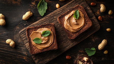 Healthy Snack of Smooth Peanut Butter on Toast with Fresh Mint, Close-Up on Dark Wooden Backgroundの素材