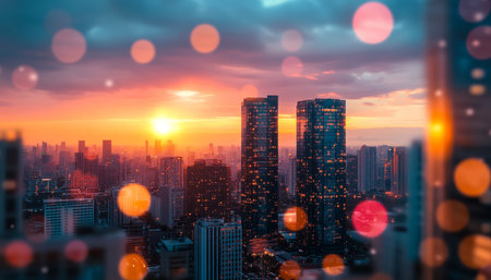 Vibrant Cityscape at Sunset Modern Skyscrapers, Bokeh Lights, Urban Landscape Backgroundの素材