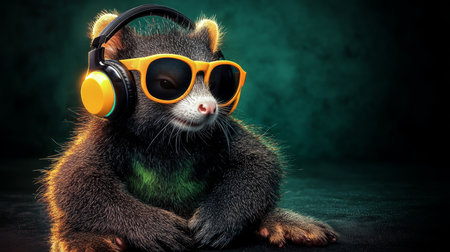 Neon Party Animal A Funky Opossum Rocks Out with Headphones and Sunglasses, Isolated on Blackの素材