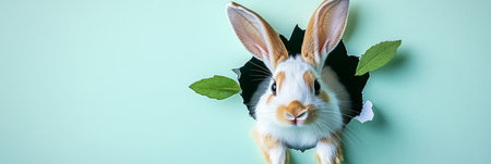 Cute Easter Bunny Peeking out of Hole in Pastel Wall, Fluffy Eared Rabbit, Spring Holiday Bannerの素材