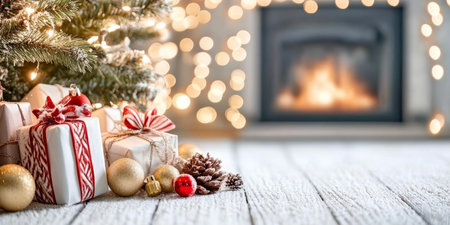 Christmas Gifts, Golden Ornaments, and Pine Cones on a White Table. Cozy Fireplace Background.の素材