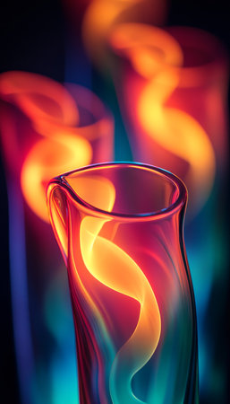 Abstract Swirls of Neon Light Vibrant Red, Turquoise, and Yellow in a Glass Formationの素材