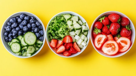 Three Bowls Filled with Fresh Fruit and Vegetables on a Yellow Background, Healthy Eating Conceptの素材